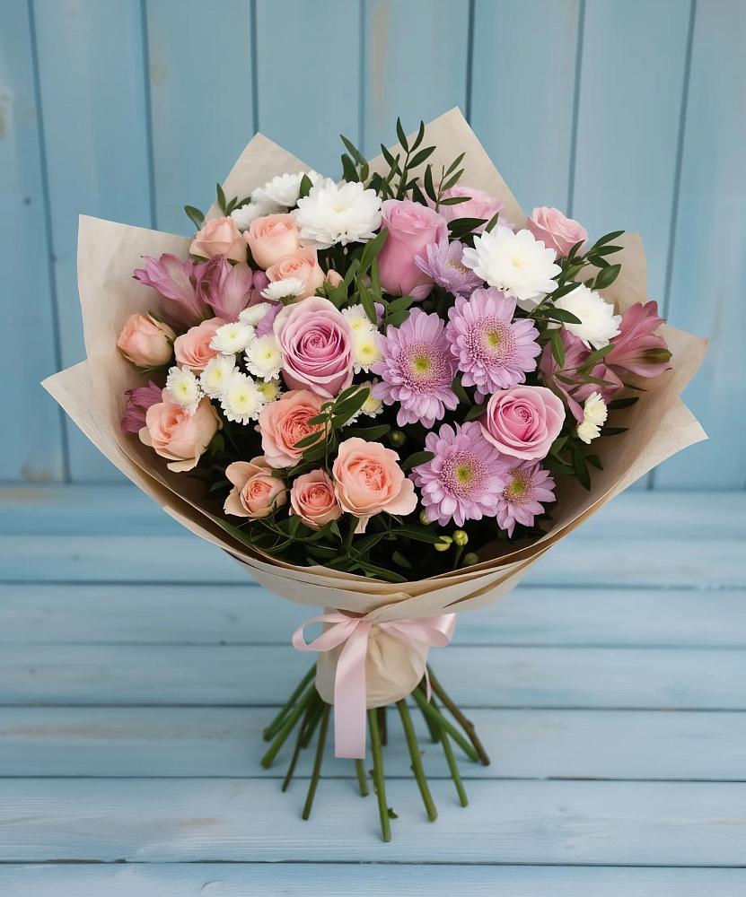 Букет цветов из: Хризантемы, Розы и Альстромерии в Чульман