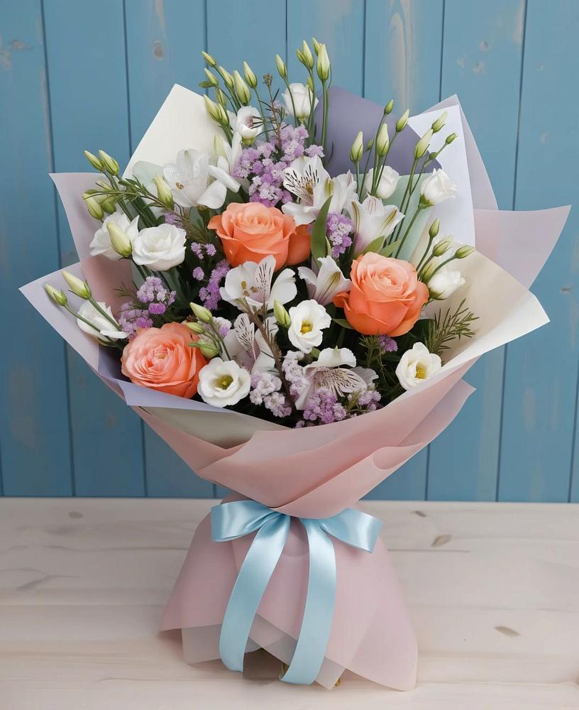 Букет цветов из: Лизиантусы, Розы, Альстромерии и Гипсофила в Чульман