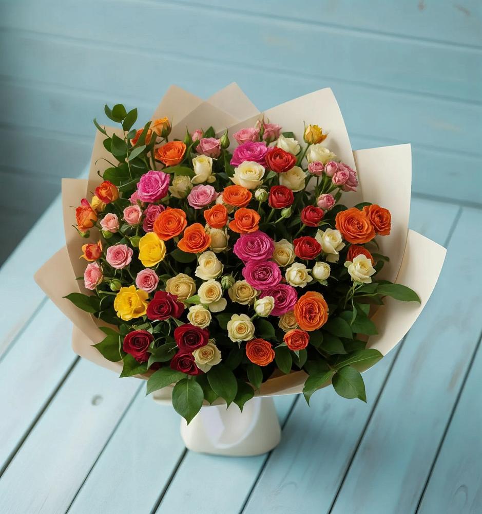 Букет Микс из разноцветных кустовых роз в Чульман