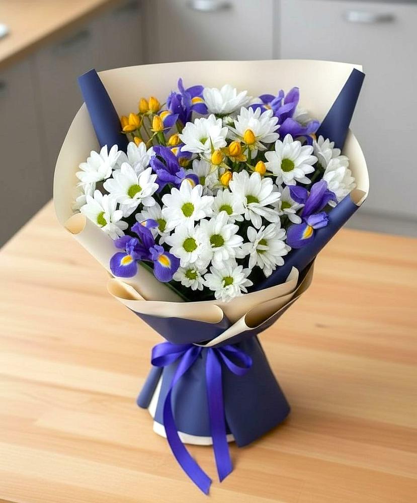 Букет цветов из: Розы, Ирисы и Хризантемы в Чульман